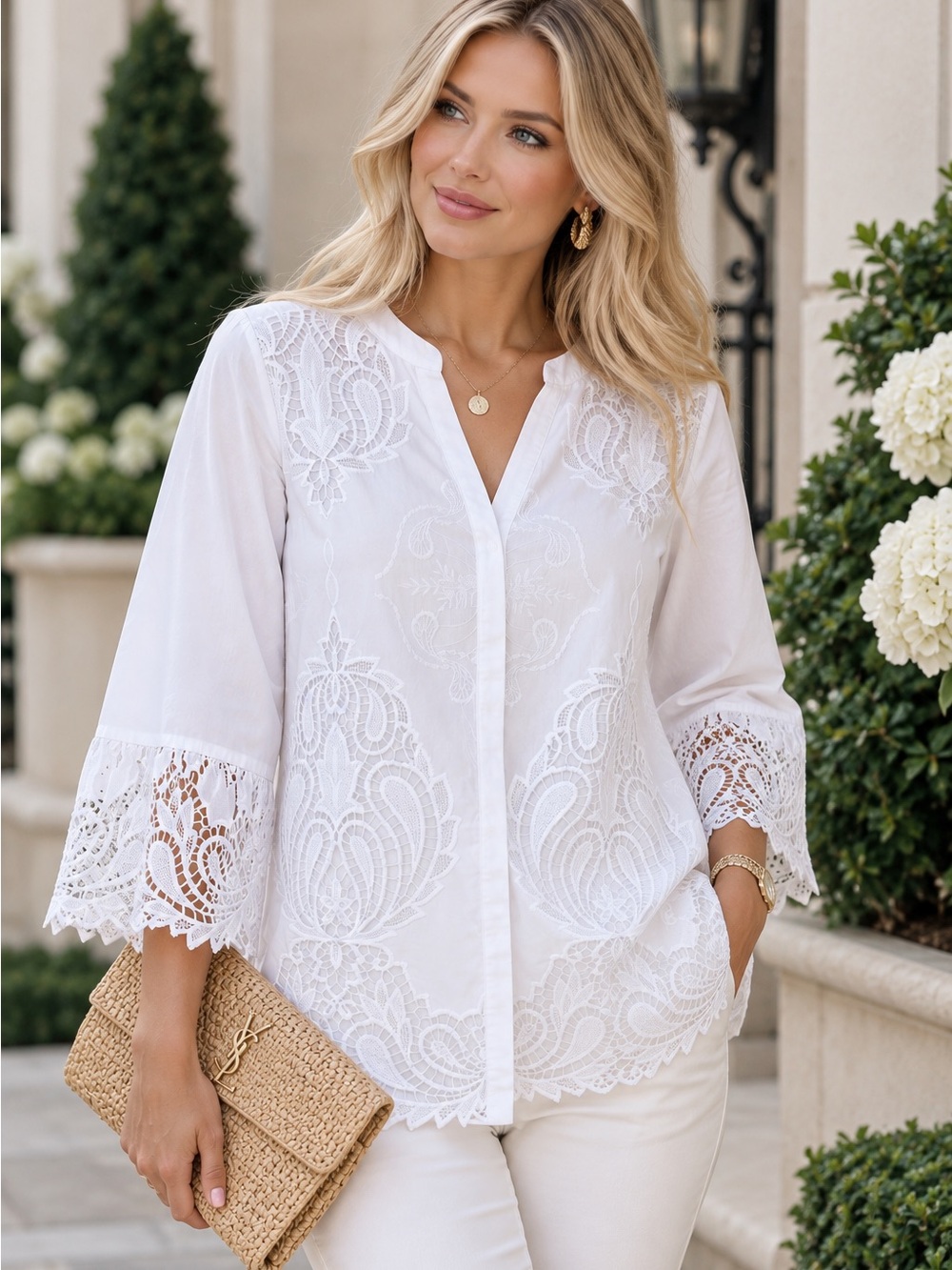 Chico's White Lace-Embroidered V-Neck Blouse
